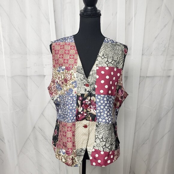 VTG Croquet Club Blue Red Polka Dot Floral Silk Patchwork Vest Size L - Picture 1 of 12